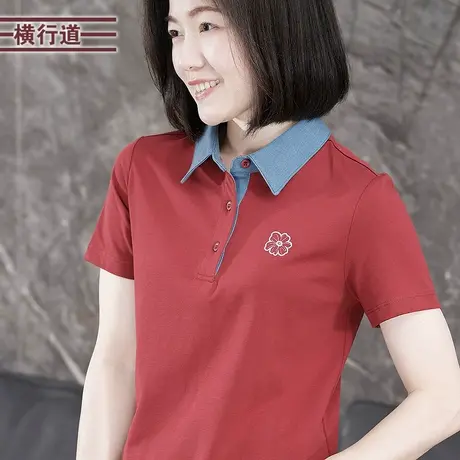 POLO领绣花T恤上衣翻领工装工作服打底衫半袖短袖女士夏装体恤商品大图