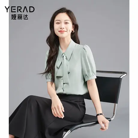 娅丽达法式优雅可拆卸飘带短袖衬衫女2025夏季新款雪纺衫白色衬衣商品大图