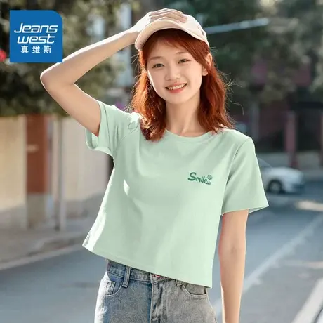 KMV真维斯绿色纯棉短袖女t恤2025新款夏季半袖设计感短款显瘦体恤商品大图