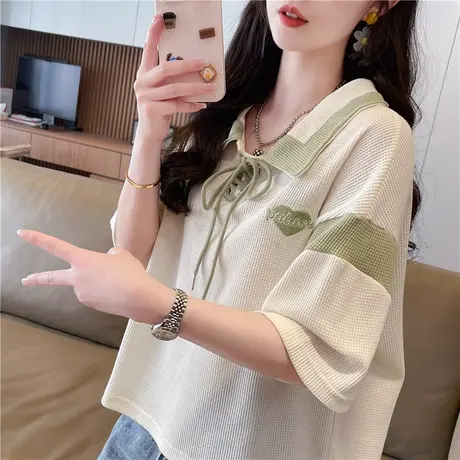 设计感小众polo领短袖t恤女夏季韩版宽松小个子华夫格短款上衣服商品大图