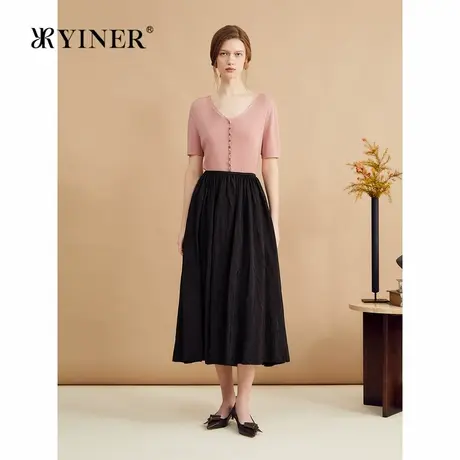 YINER音儿秋季人丝人棉收褶肌理法式显瘦修身复古A字半身裙商品大图