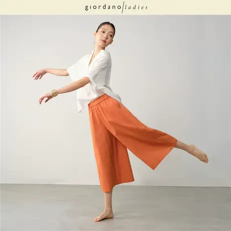 GL2025年夏新款亚麻休闲裤女透气麻棉松紧腰阔腿七分裤女02425027商品大图