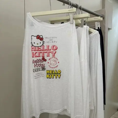 韩国东大门夏季新款减龄卡通猫咪印花长袖T恤女宽松中长款ins百搭商品大图