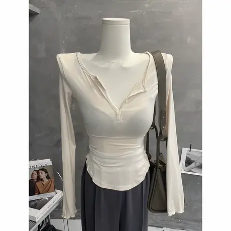 纯欲风～辣妹性感薄款长袖T恤女不规则紧身上衣收腰修身打底2023图片