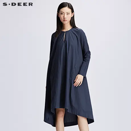 sdeer圣迪奥2019夏装女装宽松纯色圆领前开襟连衣裙S17281221商品大图