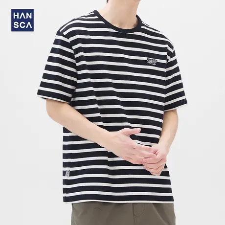 汉斯卡短袖t恤男ins潮牌纯棉夏季新款圆领宽松休闲半袖条纹上衣服商品大图