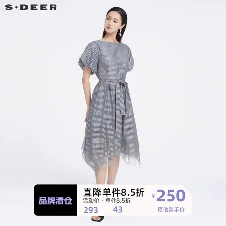 sdeer圣迪奥女装时尚圆领格纹收腰网纱泡泡袖连衣裙S223Z12D7👗商品大图