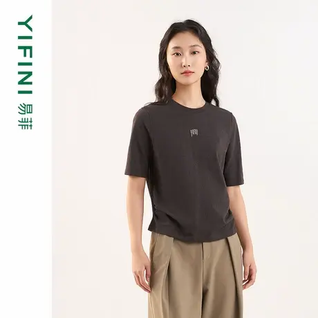 [专柜同款]Yifini/易菲绣花LOGO简约短款时尚针织短袖T恤上衣25春图片