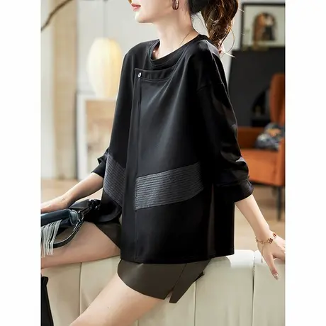 宝诗黎圆领宽松拼接短款卫衣女2025春季简约百搭棉质黑色休闲上衣图片
