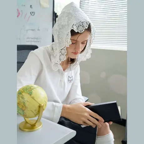 a02【100%棉】蕾丝连帽凉感防晒长袖罩衫2025春季女式T恤图片