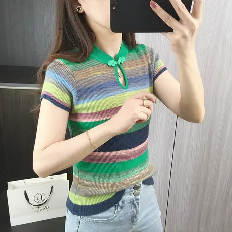 2024新款夏装复古条纹撞色修身针织衫t恤短款内搭薄款上衣设计感商品大图