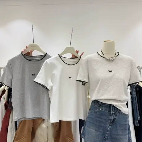 韩系小姐姐花边领撞色短袖T恤女修身百搭正肩T显瘦收腰小个子上衣商品大图