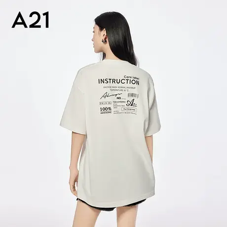 A21女装宽松字母印花圆领棉T恤简约中长款落肩袖上衣小众休闲图片