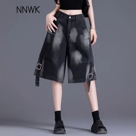 黑色直筒五分裤女2025新款辣妹穿搭薄款牛仔短裤复古宽松阔腿中裤图片