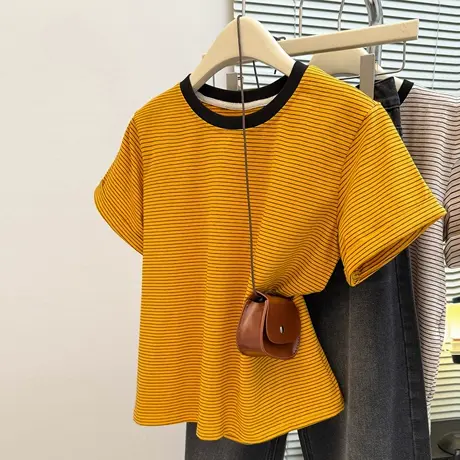 夏季2025新款条纹正肩短袖T恤女宽松韩版内搭外穿打底衫半袖上衣图片