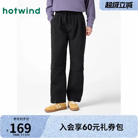 热风长裤2025年春季新款男士宽松褶皱休闲裤美式松紧腰黑色直筒裤商品大图