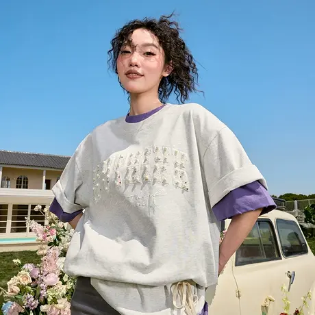 Nuthink刺绣珍珠重磅短袖T恤潮牌字母美式复古宽松男女夏2025新款商品大图