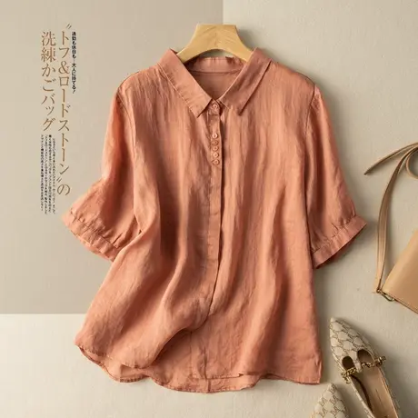短袖苎麻衬衫女宽松文艺复古纯色棉麻上衣女小衫夏天薄款2022新款图片