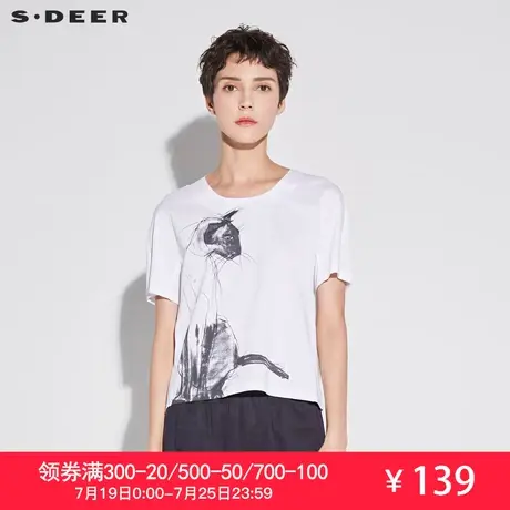 sdeer圣迪奥2019夏装新款简笔手绘猫咪图案宽松短袖T恤S18660101图片