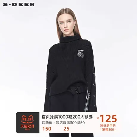 sdeer圣迪奥女装酷黑高领撞色字母圆环蝙蝠袖短款毛衣S194835G1图片