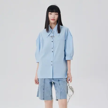 艾莱依新款衬衫上衣女春夏时尚轻奢设计感小众七分袖小个子衬衣薄商品大图