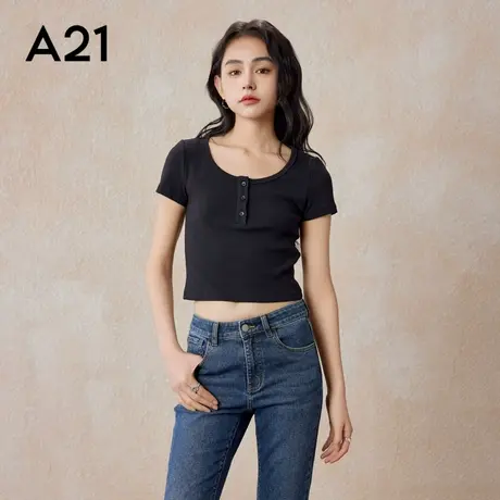 a21女装圆领休闲运动短款t恤潮牌半开筒修身显瘦短袖弹力上衣女款图片