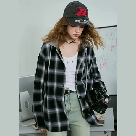 a02复古连帽宽松休闲慵懒小个子衬衣2025春季百搭格纹女式外套商品大图