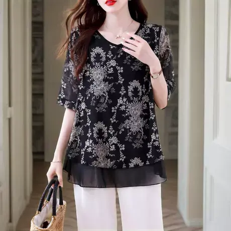 中长款t恤女短袖夏季新款妈妈宽松遮肚小衫大码洋气减龄印花上衣商品大图