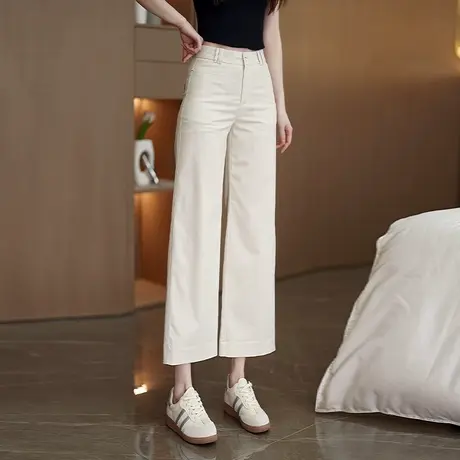 米白色天丝棉窄版休闲直筒裤女夏季薄款垂坠感九分裤子宽松阔腿裤商品大图