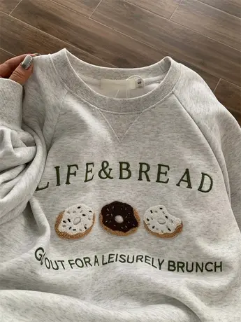 美式复古植绒刺绣圆领卫衣女早秋2024新款薄款别致宽松长袖外套潮商品大图