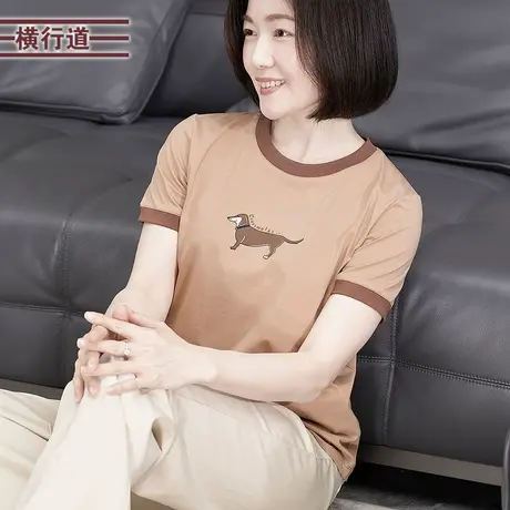 印花短袖T恤打底衫圆领撞色拼接上衣2025夏装通勤体恤半袖女装图片