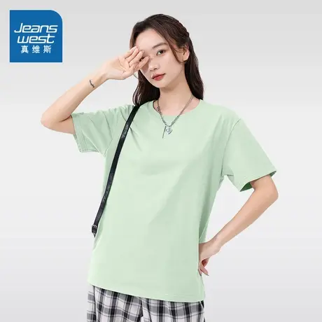 KMV真维斯绿色纯棉短袖t恤女2025夏季新款宽松显瘦透气圆领体恤商品大图