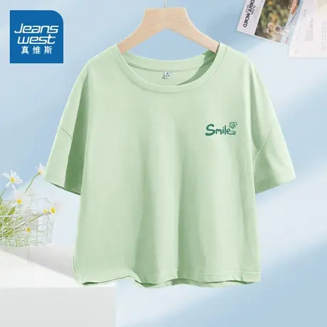 KMV真维斯绿色纯棉t恤短袖女2025夏季新款正肩小个子短款半袖上衣商品大图