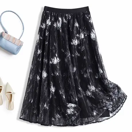 拉夏贝尔黑色网纱半身裙女夏薄款2025超火减龄小个子碎花a字伞裙图片