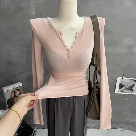 茶系纯欲～性感半开领薄款长袖T恤女紧身打底衫上衣弹力内搭春秋图片