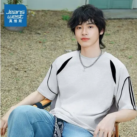 NH真维斯2025夏季新款时尚重磅纯棉圆领宽松插肩撞色舒适短T男商品大图