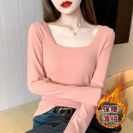 方领长袖t恤女秋冬季加绒保暖打底衫黑色加厚新款内搭上衣潮图片