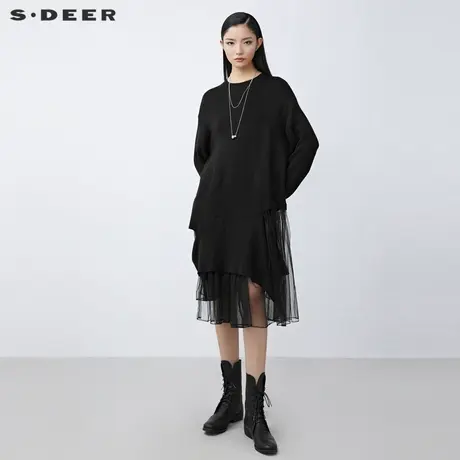 sdeer圣迪奥2021新品罗纹圆领不规则网纱拼接针织连衣裙S21481214商品大图