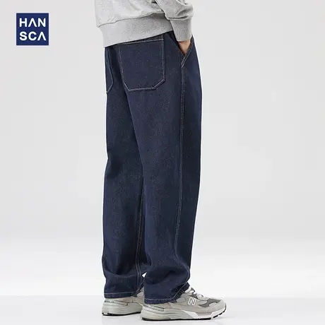 hansca原色复古直筒牛仔裤男2025春季松紧腰宽松百搭日系透气长裤图片
