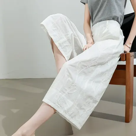 新中式国风刺绣纯棉阔腿裤女夏季薄款宽松小个子八分直筒休闲裤子商品大图