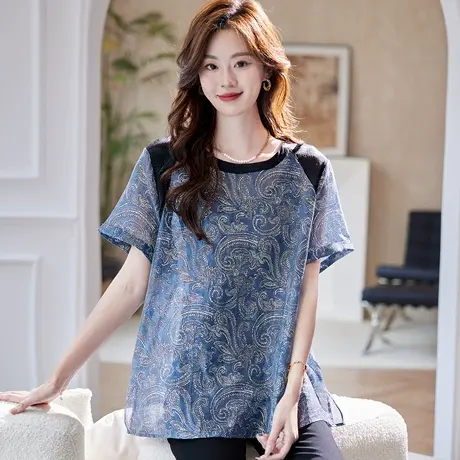 宝诗黎圆领印花拼接雪纺衫女2025夏季休闲气质减龄百搭宽松小衫商品大图