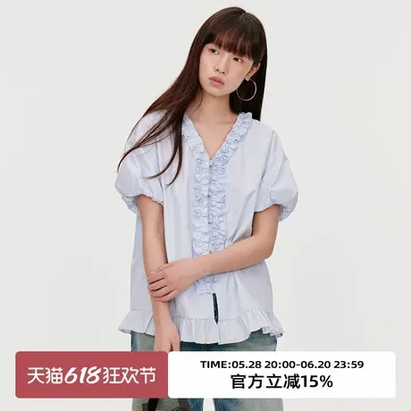 omont蛋挞家复古V领木耳边设计短袖衬衫2025春夏气质宽松小衫上衣图片