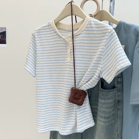 韩系高级感条纹短袖T恤女夏季宽松韩版内搭打底衫纽扣半开领上衣商品大图