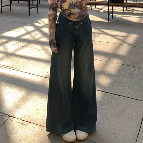 尔给牛仔裤显瘦拖长裤高腰阔腿牛仔裤女25春新款直筒阔腿长裤图片