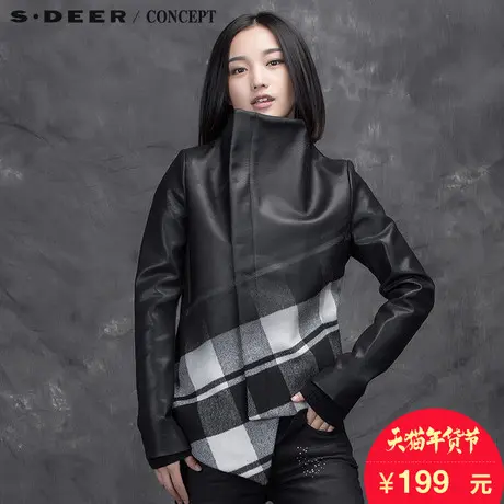 sdeer圣迪奥女装2017冬装酷帅漆皮拼接英伦格纹机车外套S15482237图片