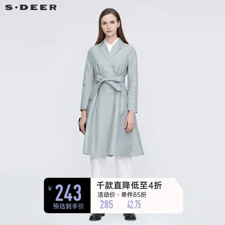sdeer圣迪奥春装休闲翻领暗褶拼接收腰长款大衣女S21181810图片