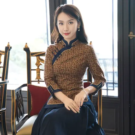 筠雅旗袍式上衣唐装改良版女时尚棉麻中式盘扣茶服民国风复古女装商品大图