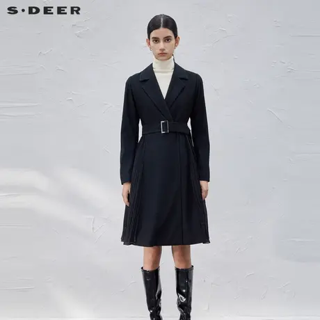 sdeer圣迪奥女装西装领收腰压褶拼接长款风衣S23381801图片