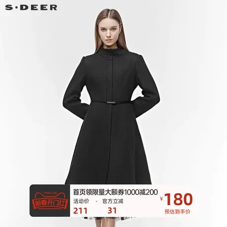 sdeer  圣迪奥女装立领插袋图腾绣花拼接收腰毛呢大衣S19481825图片