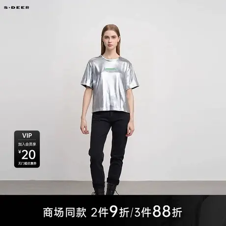 【商场同款】sdeer圣迪奥女圆领撞色字母光面短袖T恤S25280124图片